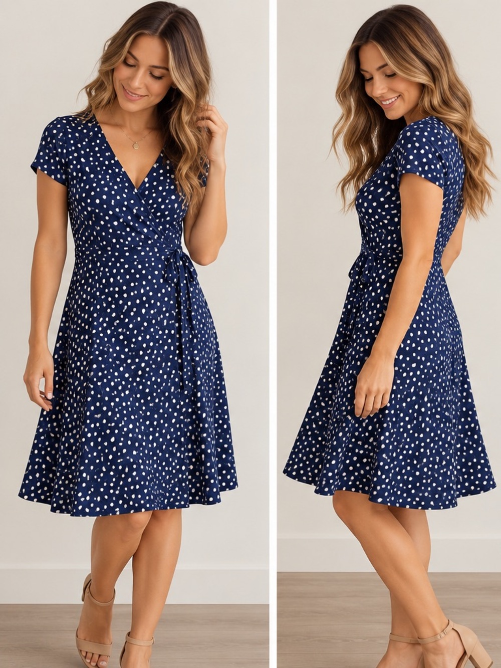 Kaileigh Navy and White Polka Dot Wrap Midi Dress